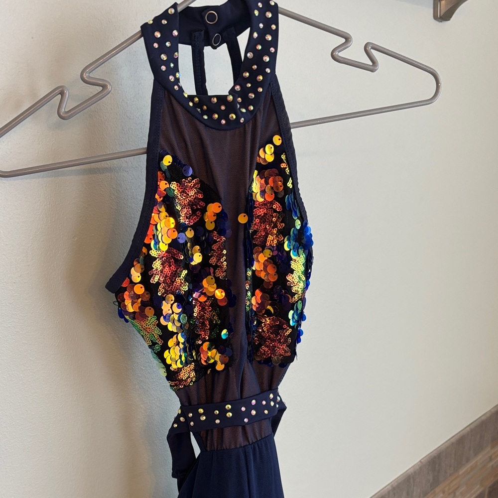 Kids Sequin Dance Costume - Navy Blue and Multicolor sequins